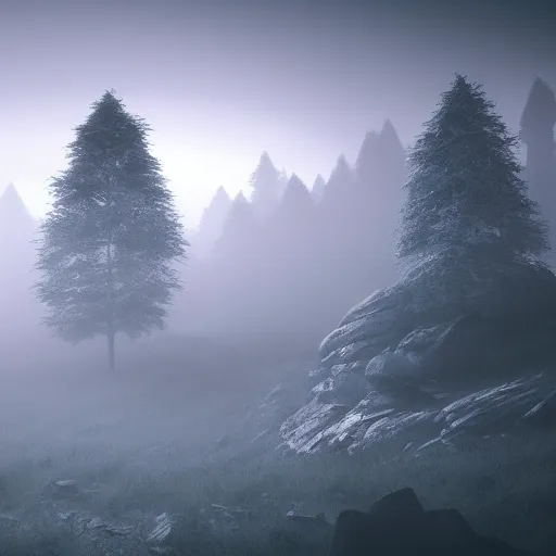 Prompt: Beautiful misty mountain landscape with million blind eyes are watching, Octane render, artistic, Cinema 4D, dark horror,