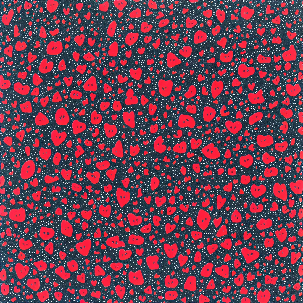 Image similar to camo made of strawberries, smiling, abstract, rei kawakubo artwork, cryptic, dots, stipple, lines, splotch, color tearing, pitch bending, color splotches, hearts, dark, ominous, eerie, minimal, points, technical, old painting