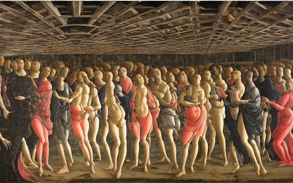 Image similar to sandro botticelli. very soft, delicate light. venus but dancefloor in underground club. in the middle is a little platform, people dancing around it. disco lights. fog. colorful and moody. sun is already rising. detailed brush strokes. 6 am.