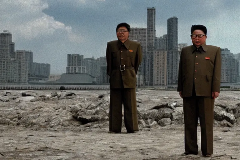 Prompt: a filmstill of Kim Jong-il looking at a giant starfish Kaiju monster destroying Pyongyang, in Stalker (1979) by Andreï Tarkovski, traditional Korean city, palace, epic ultrawide shot, cinémascope