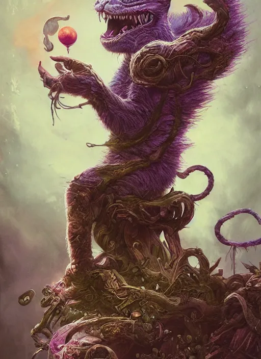 Prompt: cheshire cat the magician tarot card, highly detailed, cinematic, 8 k, by stanley artgermm, tom bagshaw, greg rutkowski, carne griffiths, ayami kojima, beksinski, giger, trending on deviantart, hyper detailed, horror, full of colour