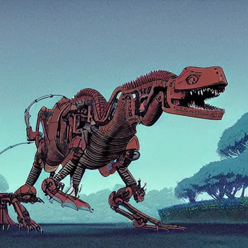 Image similar to a studio ghibli portrait of a robot T-rex made of mechanical parts, minimalist cartoonish psychedelic paleoart, realistic pixar style dinosaur