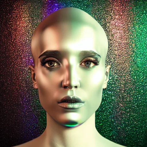 Image similar to 3d render of holographic human robotic head made of glossy iridescent, surrealistic 3d illustration of a human face non-binary, non binary model, 3d model human, cryengine, made of holographic texture, holographic material, holographic rainbow, concept of cyborg and artificial intelligence