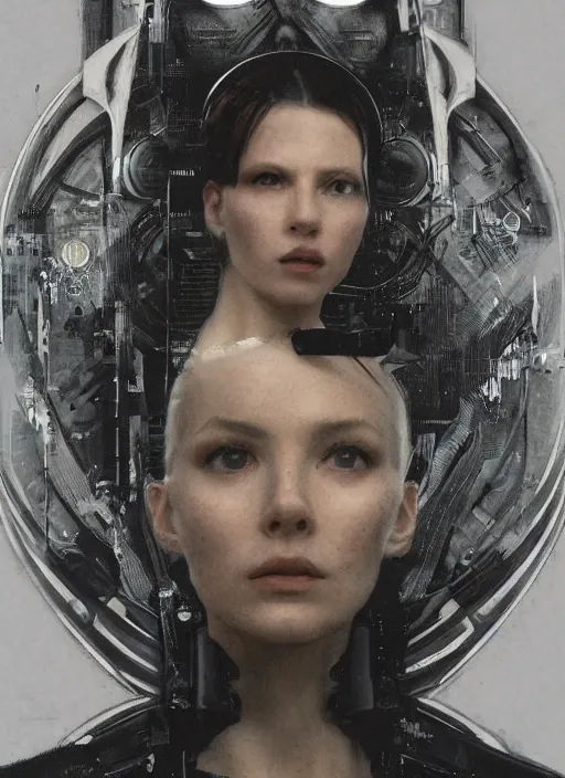 Prompt: 6 5 mm film still masterpiece portrait photo of a woman, sci - fi, techwear, biotech, cyberpunk, blade runner, cyborg, grainy, withered, worn, glowing lights, 4 k, sharp focus, intricate art by artgerm and greg rutowski and alphonse mucha