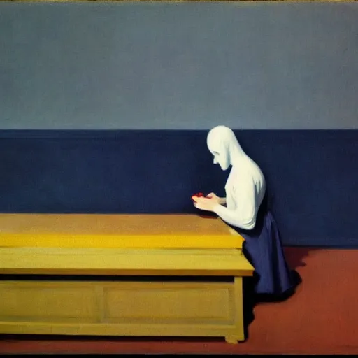 Prompt: A ghost in a land of blueberries by Edward Hopper