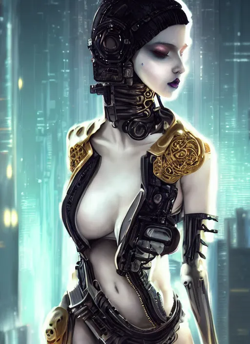 Image similar to soft lustrous ebony ivory seductive biotech raver gutter punk gothic cyborg, golden ratio, details, scifi, fantasy, cyberpunk, intricate, decadent, highly detailed, digital painting, octane render, artstation, concept art, smooth, sharp focus, illustration, art by artgerm, loish, wlop