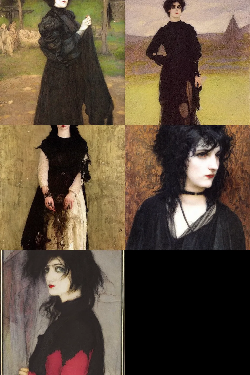 Prompt: a goth painted by edwin austin abbey. character portrait. dark brown messy pixie cut, slightly rounded face, pointed chin, black eyes!!!, small nose, black tank top, black leather jacket, black knee - length skirt, black choker.