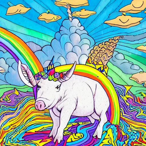 Prompt: trippy comic art of a unicorn horned pig with white wings sleeping on a rainbow in the sky with white clouds, drawn by Martin Rowson, Tim Burton, Studio Ghibli, Alex Pardee, Nekro Petros Afshar, James McDermott, colors by lisa frank, unstirred paint, vivid color, cgsociety 4K