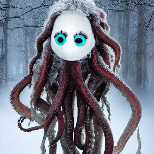 Prompt: a cute but unnerving fluffy humanoid ethereal ghost like live action muppet wraith like alien figure with a squid shaped parasite overtaking its head with four long tentacles for arms that flow gracefully at its sides while it floats around the frozen woods searching for lost souls and that hides amongst the shadows in the trees, this character can control the ice and snow and has mastery of the shadows, it is a real muppet by sesame street, photo realistic, real, realistic, felt, stopmotion, photography, sesame street