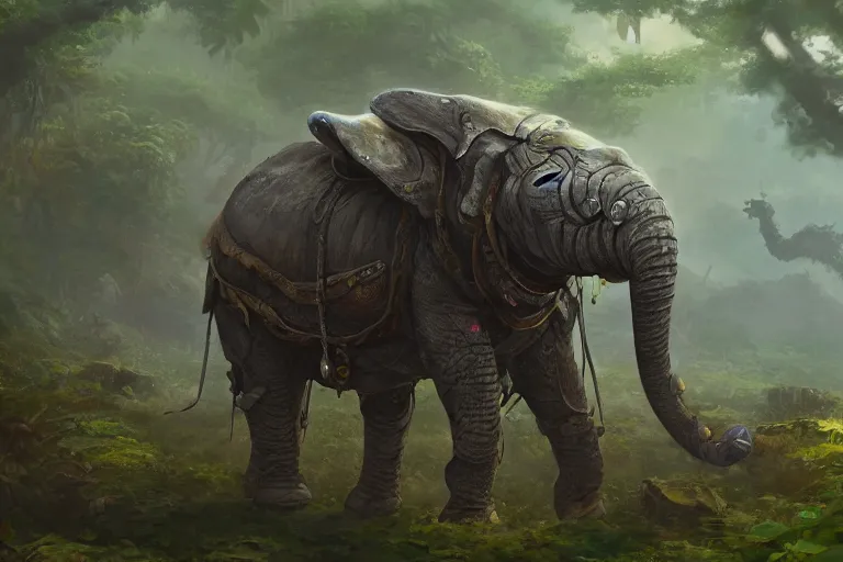 Prompt: an armored battle elephant in a jungle, sci-fi art, oil painting, trending on artstation, 4k, high quality