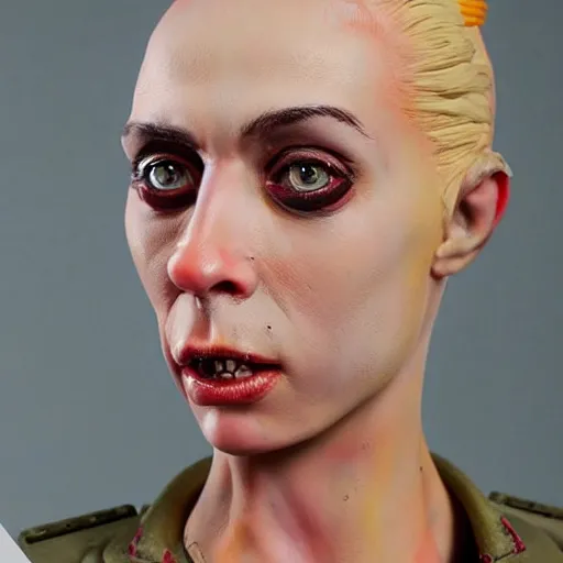 Image similar to ultra realistic painted sculpture of tank girl. waxwork. cinematic makeup. detailed lifelike