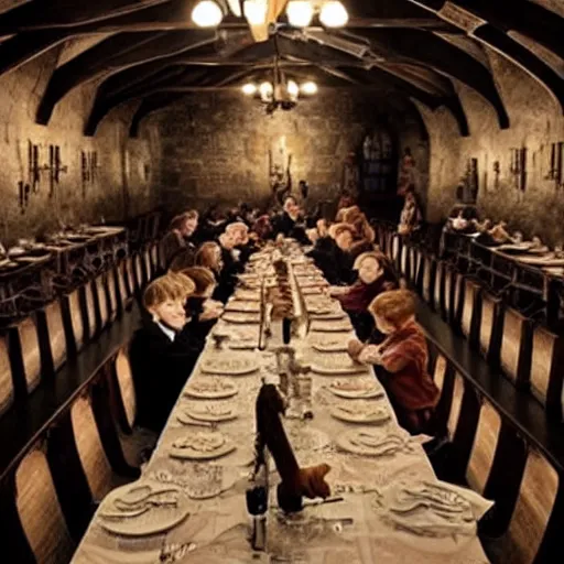 Prompt: hogwarts dining hall full of dobby-like creatures at the dinner tables