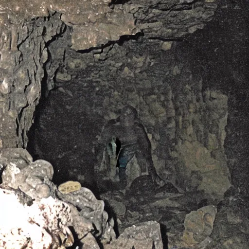 Prompt: photo inside a cavern of a scary humanoid partially hidden in the shadows behind a rock with wet lizard skin and a mouth with sharp tooth and black eyes