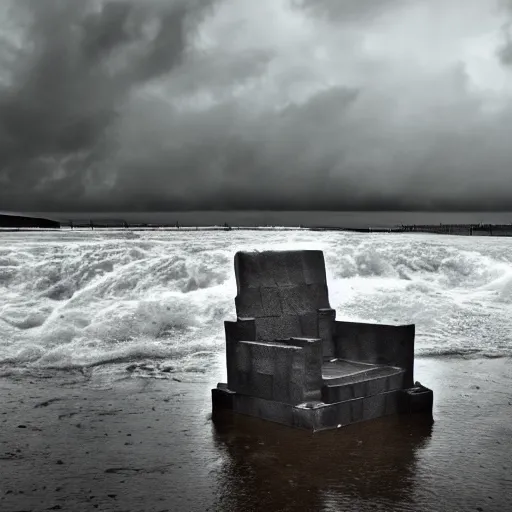 Prompt: a throne of water rising from a pool, overcast stormy skies