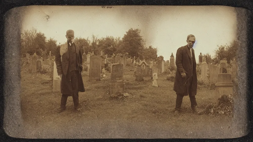 Prompt: a sepia toned photo of a man standing in a graveyard, a polaroid photo by John Thomson of Duddingston, deviantart, gothic art, tintype photograph, ambrotype, calotype