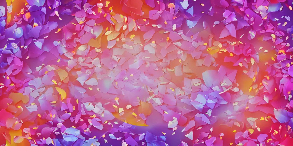 Image similar to background art of spaciously scattered flower petals flowing and flowing through the air from left to right on a simple sunset background, large individual rose petals, angular background elements, polygonal fragments, anime, artgerm, manga, trending on artstation, art nouveau, mature color scheme