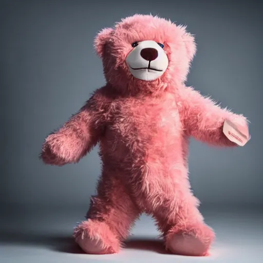 Prompt: fluffy pink teddybear in superhero costume, cinematic explosions, dramatic pose