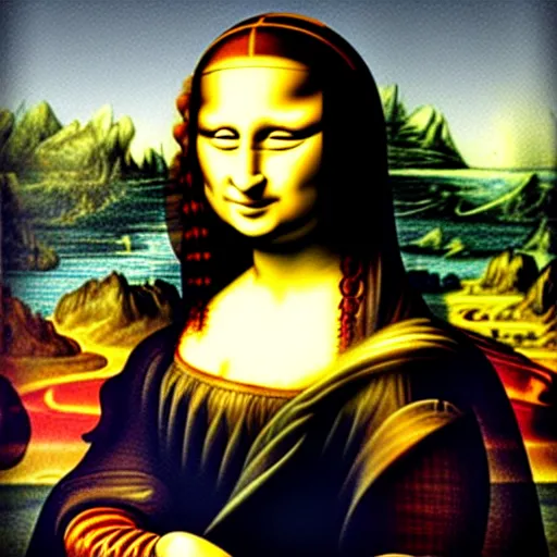 Image similar to mona lisa wearing a astronaut helmeted suit. painted by leonardo davinci