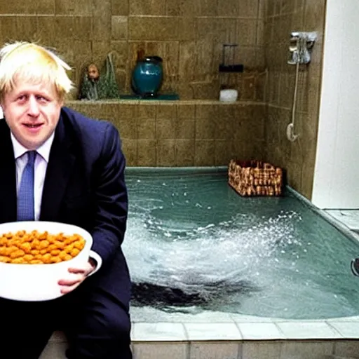 Image similar to Boris Johnson sitting in a bathtub full of baked beans, photograph