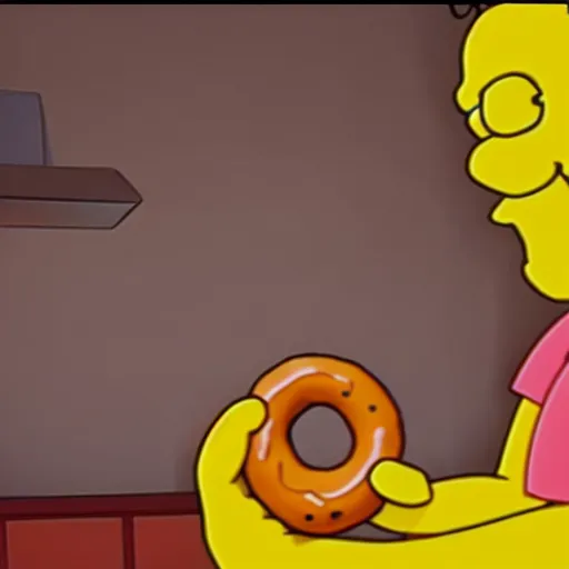 Image similar to a cinematic shot of Homer Simpson in the form of a doughnut