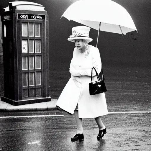 Image similar to 35mm Photograph of Queen Elizabeth II stepping out of the Tardis on a dark rainy London street