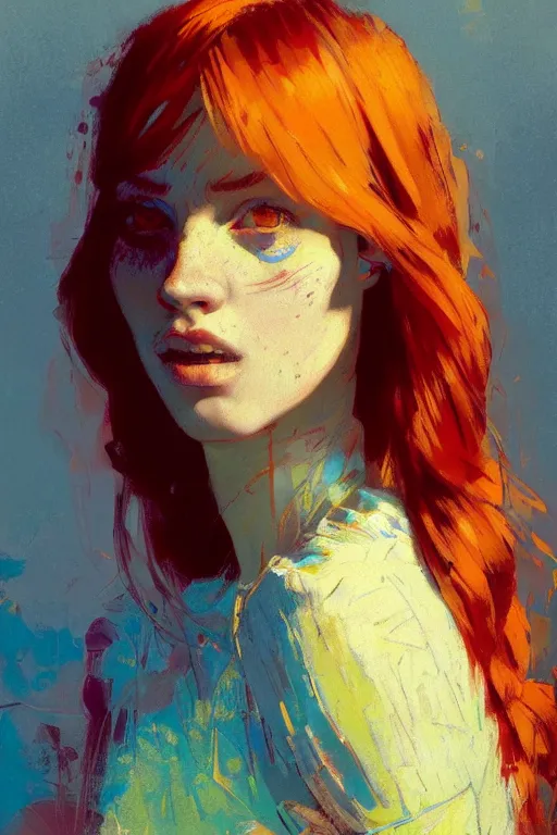 Image similar to portrait of a beautiful redhead girl, complementary colors, beautiful face, rule of thirds, intricate outfit, spotlight, by greg rutkowski, by jeremy mann, by francoise nielly, by van gogh, digital painting