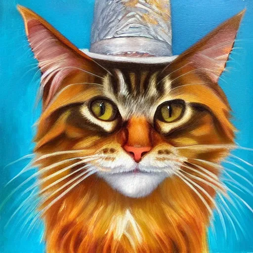 Prompt: Portrait Oil Painting Ginger Ginger Maine-Coon with a white beard wearing a sombrero sombrero sombrero