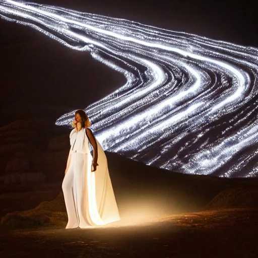 Image similar to photo, a woman in a giant flowing glowing illuminated white dress with an incredibly long train, standing inside a dark western rocky scenic landscape, volumetric lighting