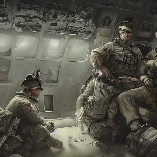 Image similar to soldiers with an emotionless look on their faces sitting inside a plane on their way to the battlefield, digital painting, highly detailed, illustration, intricate, in the style of grek rutkowski