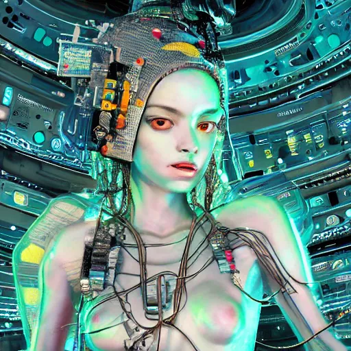 Image similar to space station on the moon, piles of modular synth cables mixed with mangrove roots, kawaii puerto rican goddess staring through your soul wearing a headpiece made of circuit boards, by cameron gray, wlop, stanley kubrick, masamune, hideki anno, jamie hewlett, unique perspective, eastman color, trending on artstation, cinematic, 3 d render, muted neon