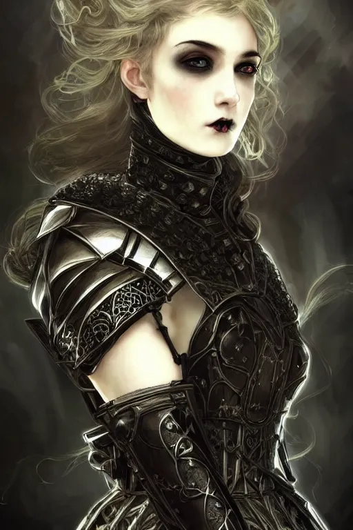 Image similar to beautiful gothic and victorian and luxury and evil young female medieval black armor knight portrait+smoky eyes+front face with light flowing hair, ultradetail face, art and illustration by tian zi and craig mullins and WLOP and alphonse mucha, ssci-fi, fantasy, intricate complexity, human structure, hypermaximalist, fantasy character concept, dynamic lighting, neon light, watermark, blurry, hyperrealism 8k