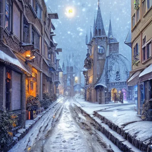 Image similar to an ultra detailed tarot card of the quaint town of galic, grid shaped city cobblestone streets, fantasy city, the morning after a heavy snowfall, wind, inspiring gothic architecture, ultrawide lense, aerial photography, unreal engine, exquisite detail, 8 k, art by greg rutkowski and alphonse mucha