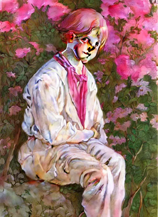 Image similar to androgynous cute pink haired teen boy wearing greek clothes, muted colors, colorful flowers, sunlight filtering through skin, j. c leyendecker, by alan lee, wlop! illustrated by starember, fantasy art by craig mullins cfg _ scale 9