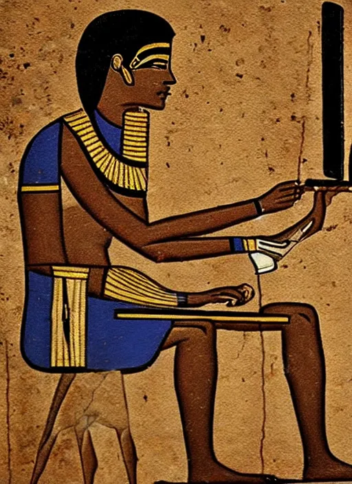 Image similar to ancient egypt painting of man using computer, 4 k, high quality, sharp fucos