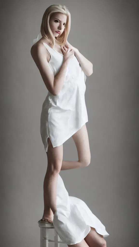 Prompt: extremely beautiful studio photo of emily skinner, looking like annie leonhart, with beautiful slim legs, wearing heels and white dress, in a white room, pale skin, bokeh, very very very very beautiful!!, hard focus, sexy pose, full body shot, 9 0 mm, f / 1. 2 5
