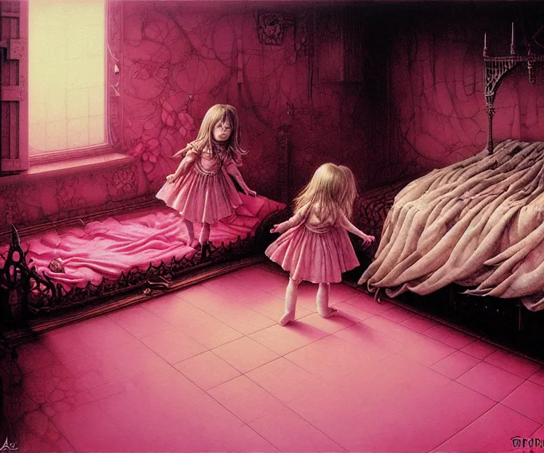 Prompt: realistic detailed image of a little girl looking under the *bed* in a girlish pink room. small *demon is hiding* under the bed in the shadow. by Ayami Kojima, Amano, Karol Bak, Greg Hildebrandt, and Mark Brooks, Neo-Gothic, gothic, rich deep colors. Beksinski painting, part by Adrian Ghenie and Gerhard Richter. art by Takato Yamamoto. masterpiece