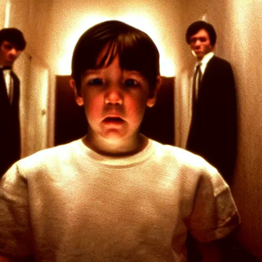 Image similar to movie scene of a shining boy, menacing, movie still, cinematic composition, cinematic light, criterion collection, reimagined by industrial light and magic, Movie by David Lynch and Ridley Scott