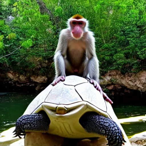 Image similar to a monkey riding on the back of a turtle