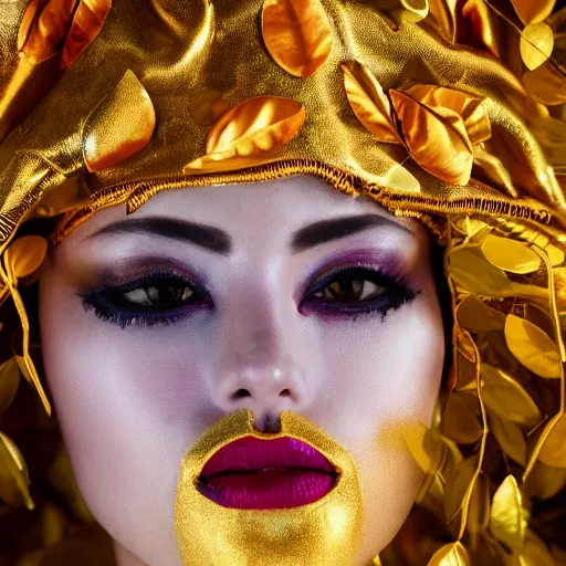 Prompt: close up portrait of a mysterious humanoid, gold leaves, violet silk threads, venetian masks, mouth gags, fashion magazine, portrait photography, annie leibovitz, david lazar, 1 0 5 mm, in autumn, 8 k hd, detailed