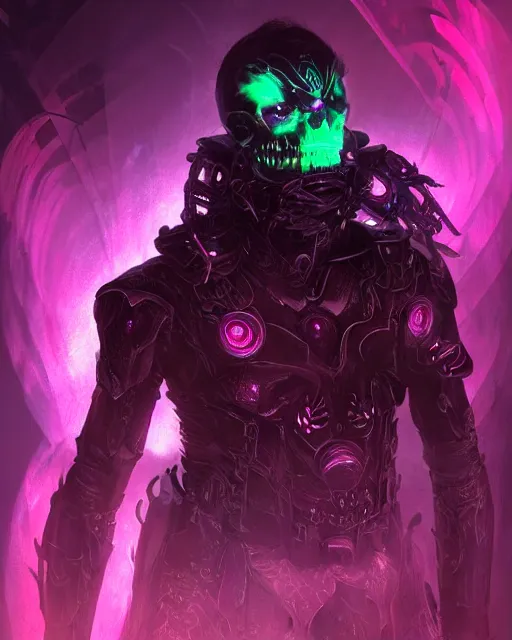 Image similar to a deathly portrait of ankou the evil lord staring with anger and wearing futuristic armor with sci fi panel cuts, death and corruption, smooth, intricate, sinister, evil energy, souls of the dead, neon glowing spells, matte painting, artstation, cinematic color scheme, dark fantasy sci fi, sharp focus, cgsociety