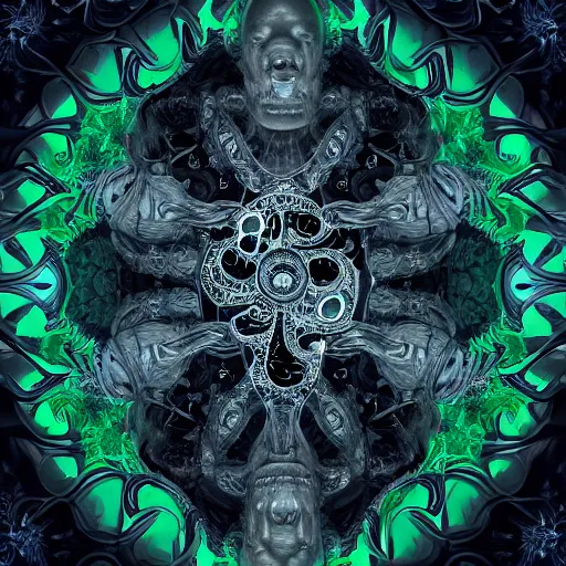 Image similar to 4K headshot of godlike Shub-Niggurath with defined arms and open hands and bloody clothes with giant mandala wings , intricate face , flawless anime cel animation by Kentaro Miura, psychedelic , highly detailed upper body , professionally post-processed , beautiful, scary, symmetry accurate features, epic, octane rendered, anime masterpiece, accurate