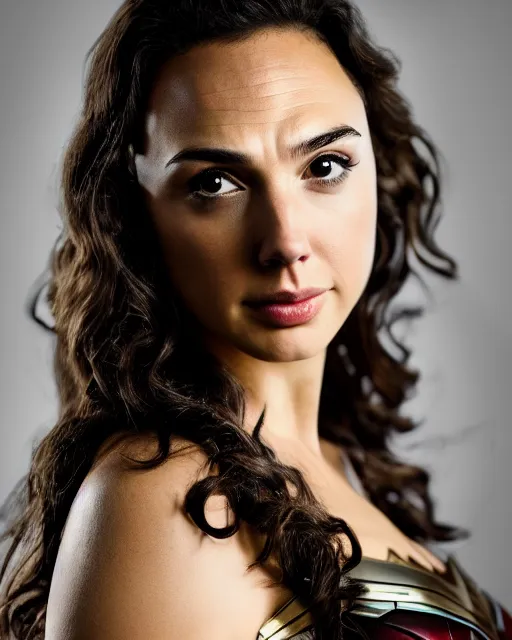 Image similar to headshot of beautiful actress gal gadot as wonder woman - raw, studio lighting, 8 k, photo shoot, 9 inch kershaw soft focus lens f / 5. 6