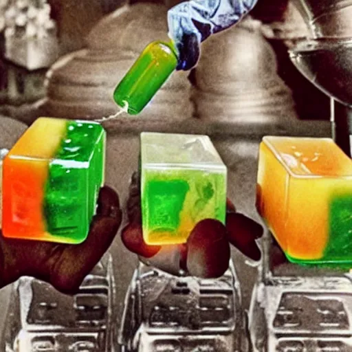 Prompt: gelatinous cubes being processed into magic items with the juice made from their bodies, d & d, industry magazine photo