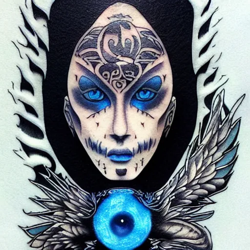 Image similar to raven, jioness, forest, blue flame, moon, tattoo art by Bryan Alfaro, award winning tattoo concept, highly detailed,