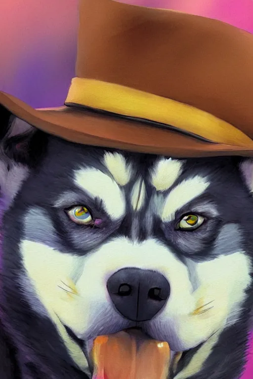 Image similar to a portrait painting of a husky in cowboy costume in the style of anime, character design, a fistful of dollars, per un pugno di dollari, treniding on artstation