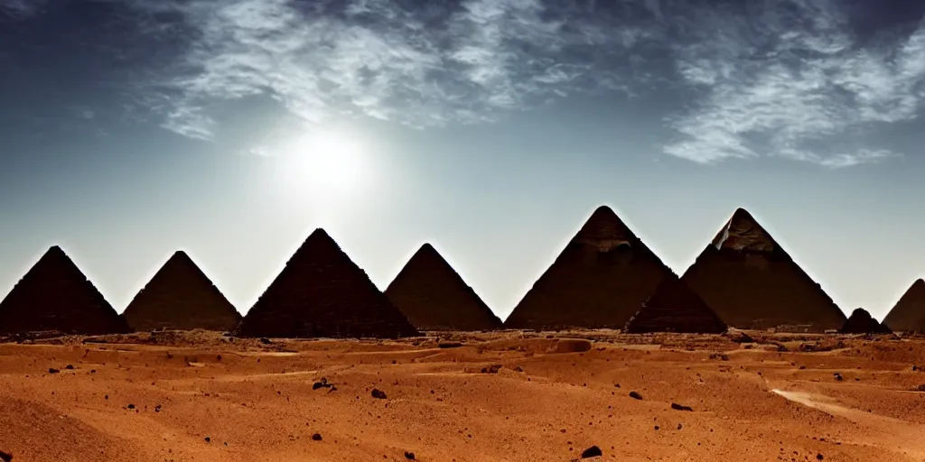 Prompt: pyramids on martian landscape, stunning architecture, wide angle lens, dramatic lighting,