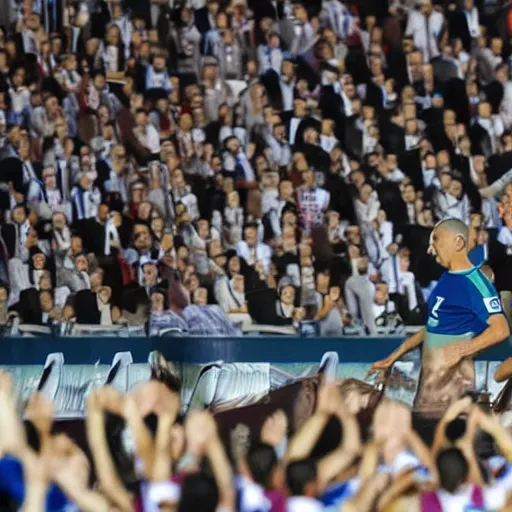 Prompt: Benjamin Netanyahu scoring a goal, soccer stadium