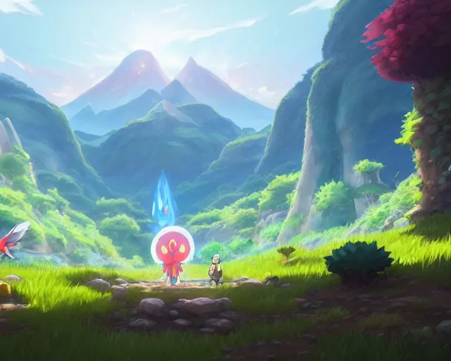 Image similar to pokemon sword and shield ghibli landscape illustration close floral clearing and mountains in the background, deep focus, d & d, fantasy, intricate, elegant, highly detailed, digital painting, artstation, concept art, matte, sharp focus, illustration, hearthstone, art by fire watch game and greg rutkowski, no characters