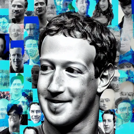 Image similar to a portrait of of mark zuckerberg constructed from facebook profile photos, collage, drop shadow, organic, layered composition, layers, texture, mcu, petals, highly textured, layered, sculpted, dynamic,