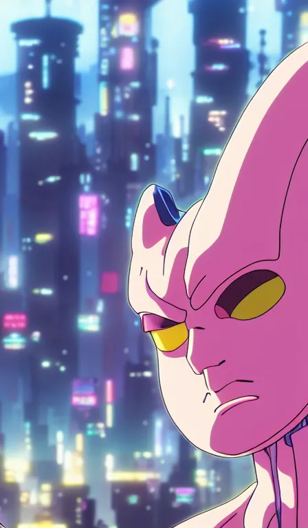 Image similar to anime fine details portrait of Buu in front of cyberpunk moder city landscape on the background deep bokeh, close-up view, anime masterpiece by Studio Ghibli. 8k, sharp high quality anime, artstation